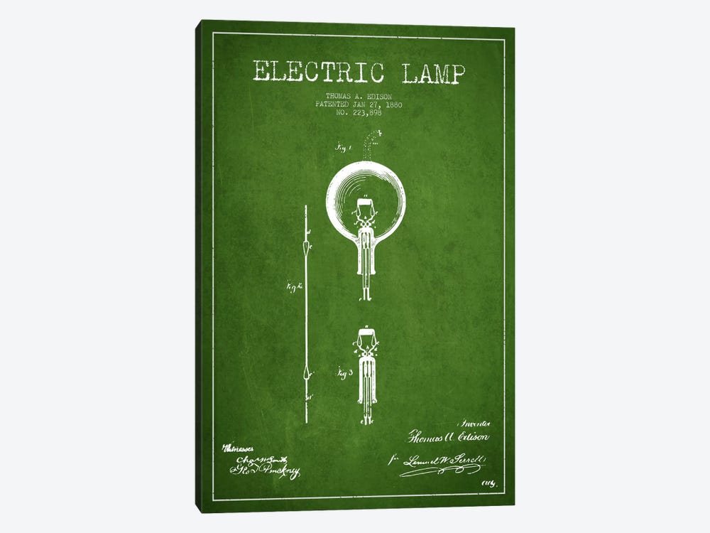 Electric Lamp Green Patent Blueprint by Aged Pixel 1-piece Canvas Artwork