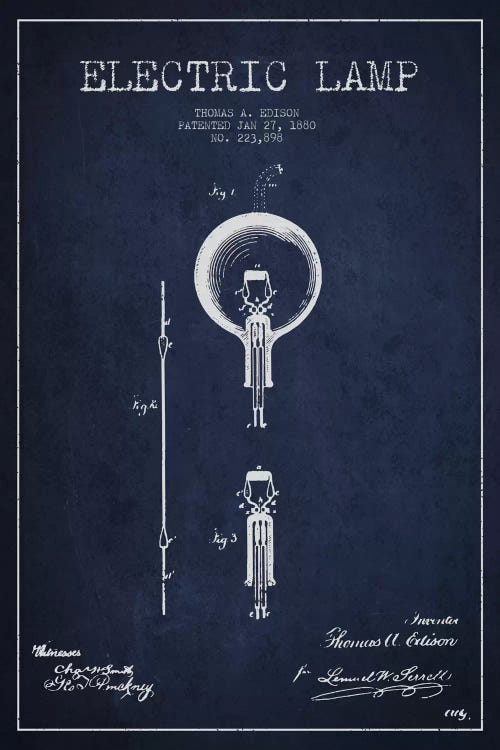 Electric Lamp Navy Blue Patent Blueprint by Aged Pixel wall art