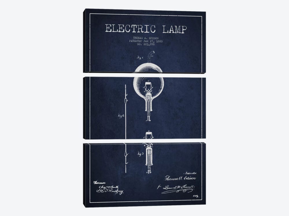 Electric Lamp Navy Blue Patent Blueprint by Aged Pixel 3-piece Canvas Art Print