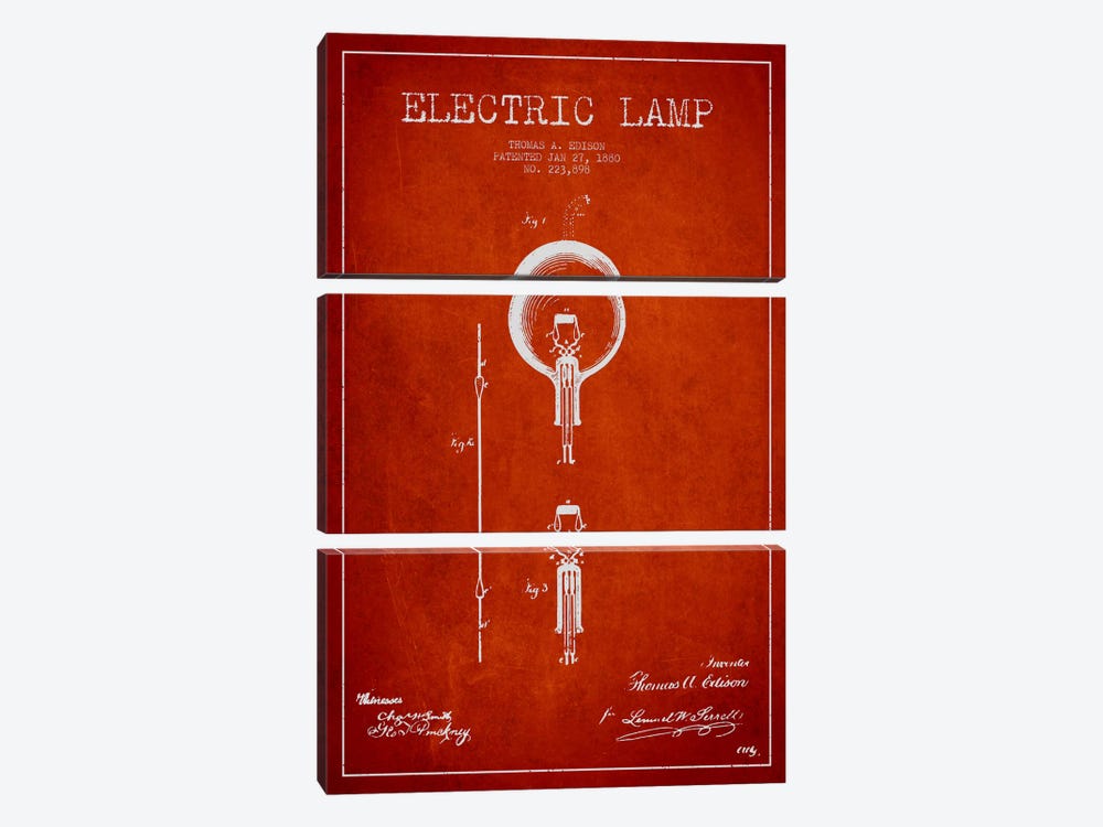 Electric Lamp Red Patent Blueprint by Aged Pixel 3-piece Canvas Wall Art