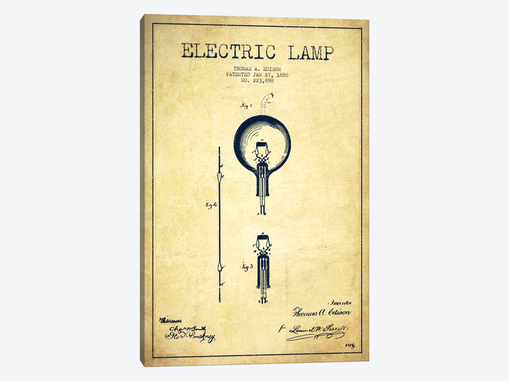 Electric Lamp Vintage Patent Blueprint by Aged Pixel 1-piece Canvas Wall Art