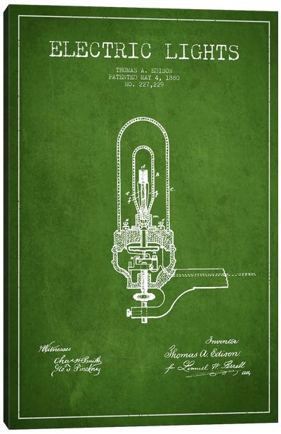 Electric Lights Green Patent Blueprint Canvas Art Print - Aged Pixel: Electronics & Communication