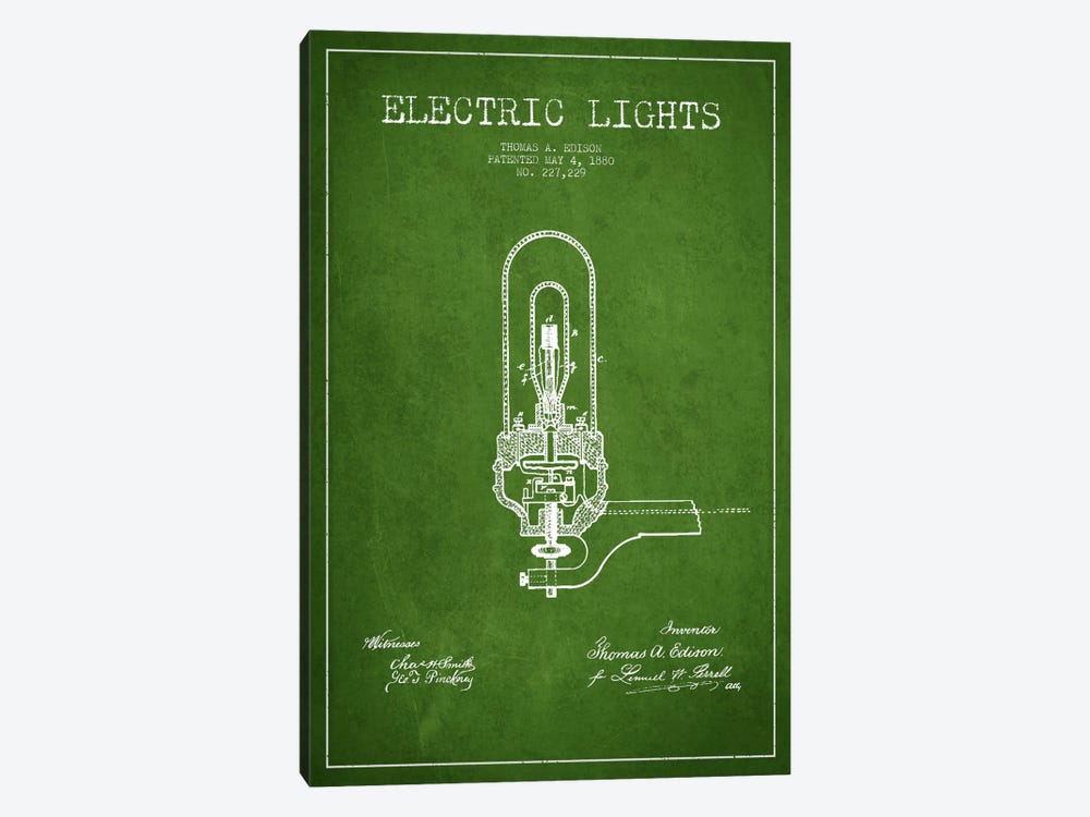 Electric Lights Green Patent Blueprint by Aged Pixel 1-piece Canvas Art