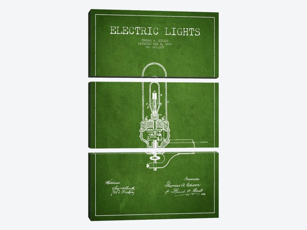 Electric Lights Green Patent Blueprint by Aged Pixel 3-piece Canvas Art