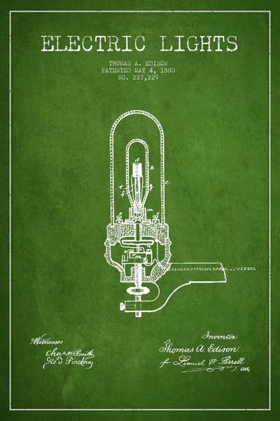 Electronics & Communication Blueprints: Electric Lights Green Patent Blueprint by Aged Pixel