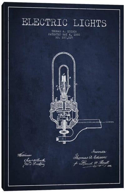 Electric Lights Navy Blue Patent Blueprint Canvas Art Print - Electronics & Communication Blueprints
