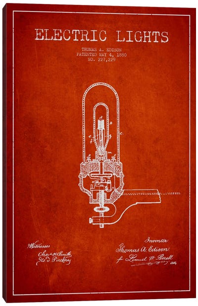 Electric Lights Red Patent Blueprint Canvas Art Print - Electronics & Communication Blueprints