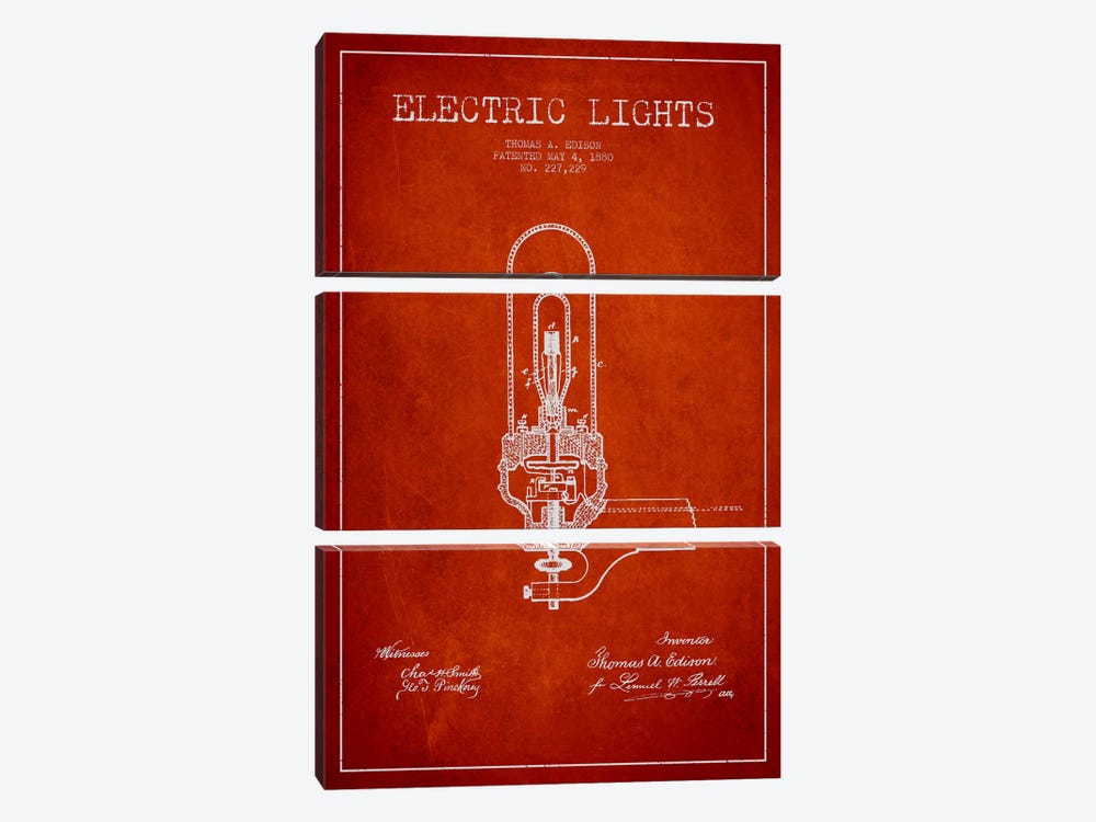 Electric Lights Red Patent Blueprint by Aged Pixel 3-piece Canvas Artwork