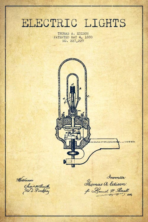 Electric Lights Vintage Patent Blueprint by Aged Pixel wall art
