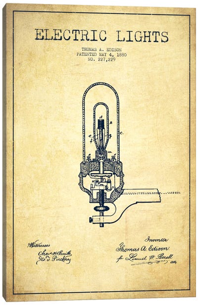 Electric Lights Vintage Patent Blueprint Canvas Art Print - Electronics & Communication Blueprints