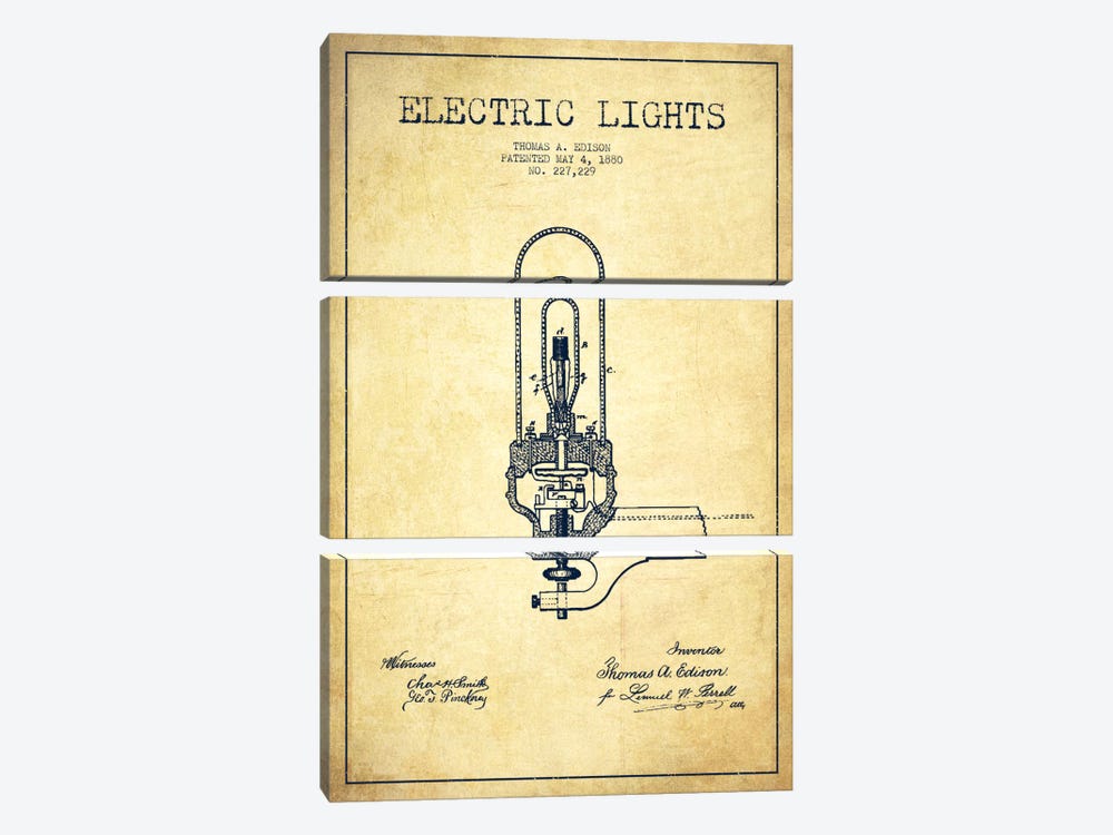 Electric Lights Vintage Patent Blueprint by Aged Pixel 3-piece Canvas Art Print