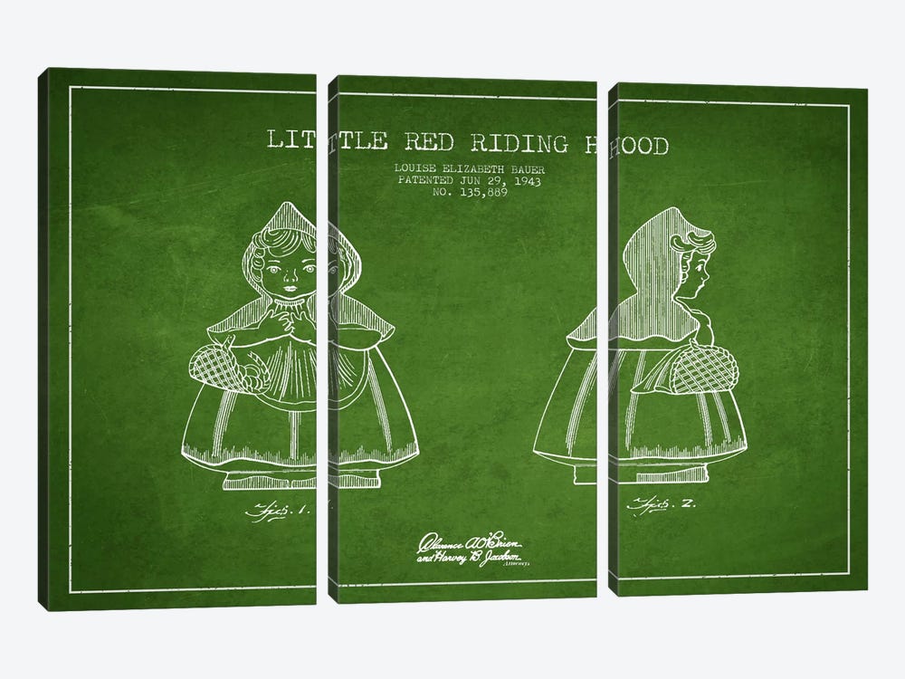 Little Red Riding Hood Green Patent Blueprint by Aged Pixel 3-piece Canvas Print