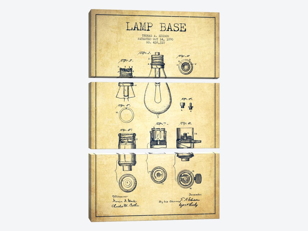 Lamp Base Vintage Patent Blueprint by Aged Pixel 3-piece Canvas Print