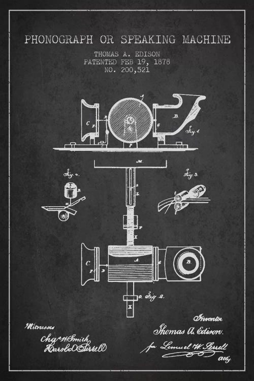 Record Player Charcoal Patent Blueprint