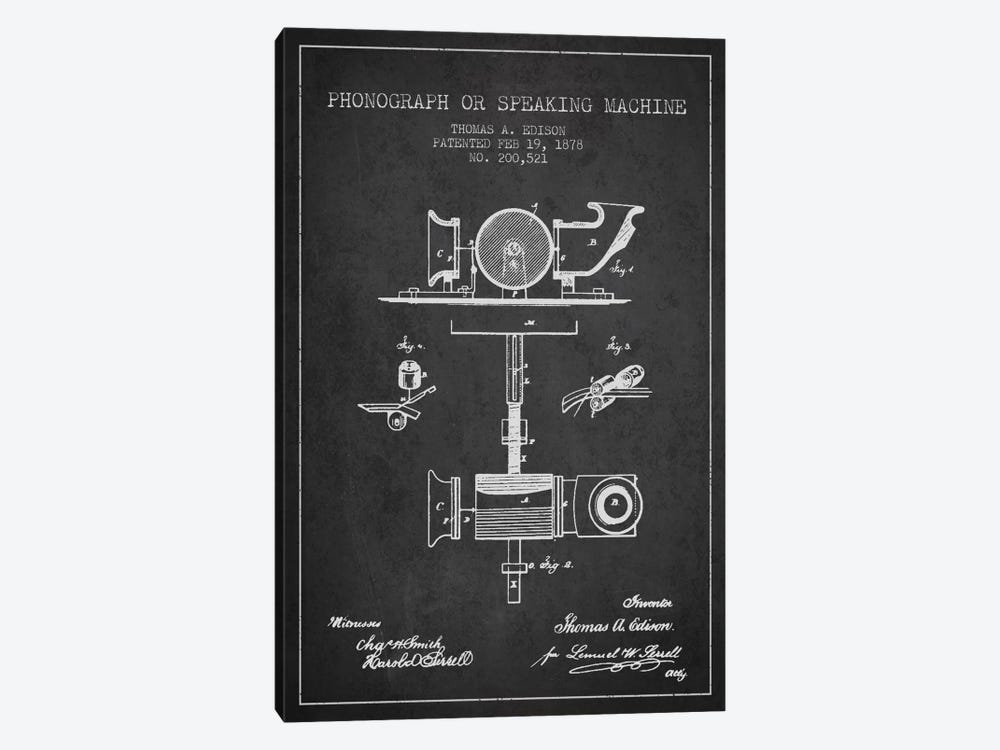 Record Player Charcoal Patent Blueprint 1-piece Canvas Artwork