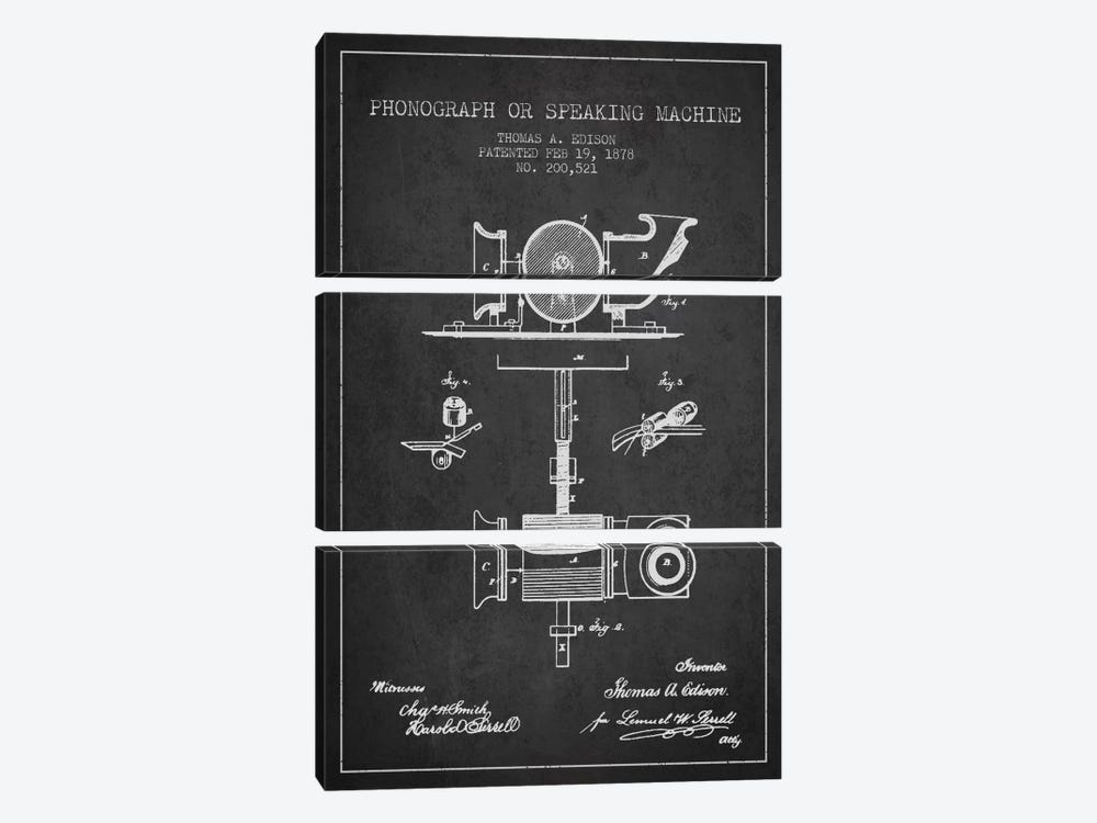 Record Player Charcoal Patent Blueprint by Aged Pixel 3-piece Canvas Art