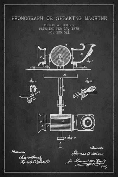 '70s Music: Record Player Charcoal Patent Blueprint by Aged Pixel