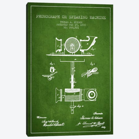 Record Player Green Patent Blueprint Canvas Print #ADP582} by Aged Pixel Canvas Wall Art