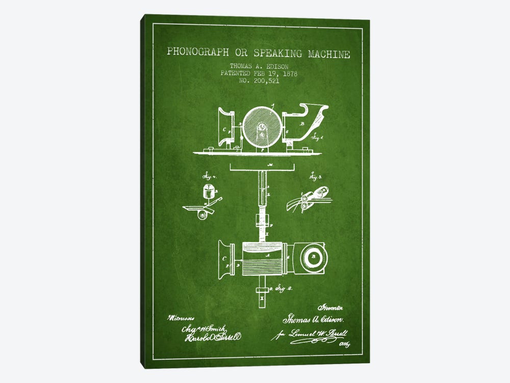 Record Player Green Patent Blueprint by Aged Pixel 1-piece Art Print