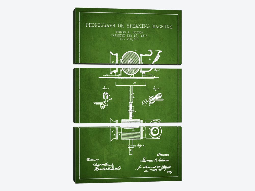 Record Player Green Patent Blueprint by Aged Pixel 3-piece Art Print