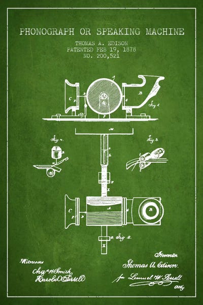 Media Formats: Record Player Green Patent Blueprint by Aged Pixel