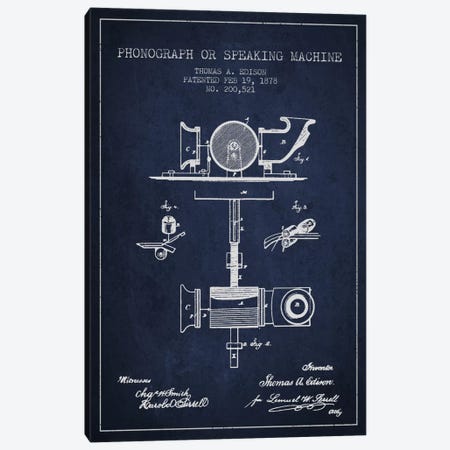 Record Player Navy Blue Patent Blueprint Canvas Print #ADP583} by Aged Pixel Canvas Wall Art