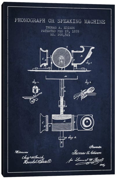 Record Player Navy Blue Patent Blueprint Canvas Art Print - Aged Pixel: Music