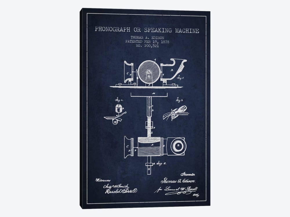 Record Player Navy Blue Patent Blueprint by Aged Pixel 1-piece Canvas Wall Art