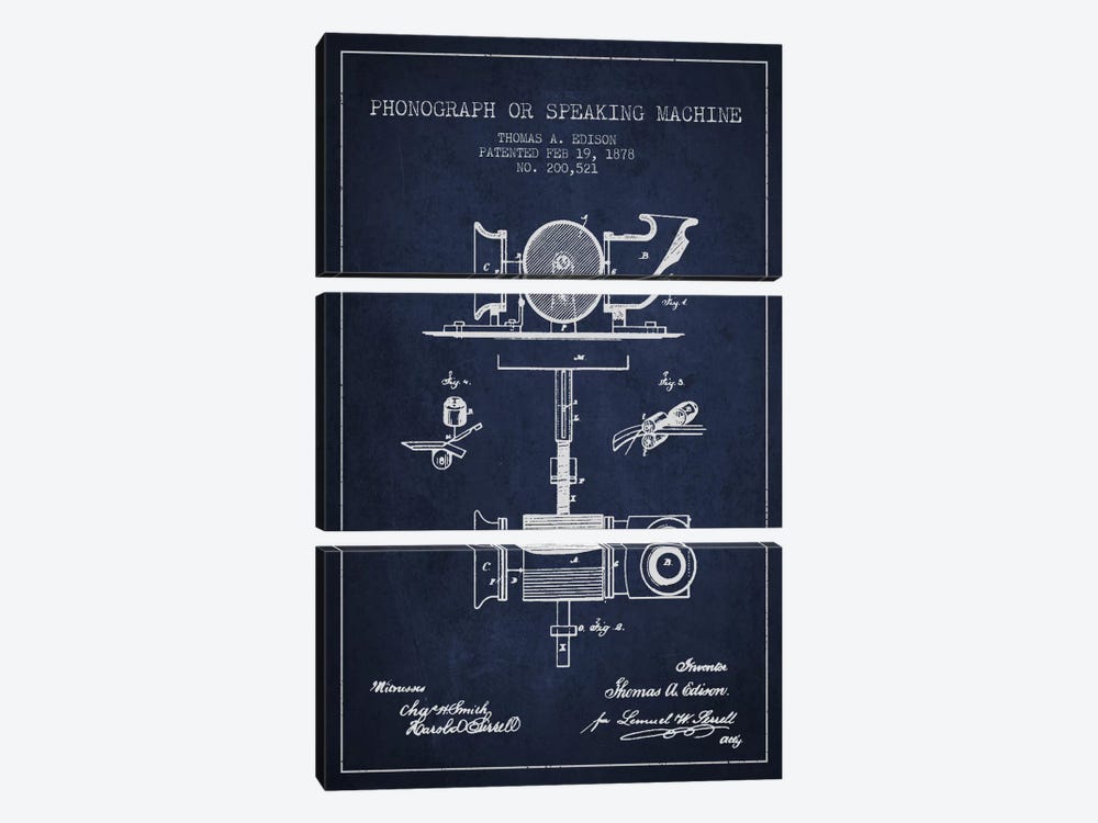 Record Player Navy Blue Patent Blueprint by Aged Pixel 3-piece Canvas Art