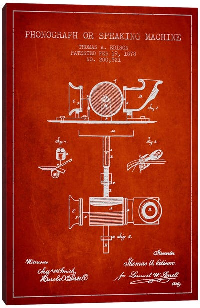 Record Player Red Patent Blueprint Canvas Art Print - Aged Pixel: Music