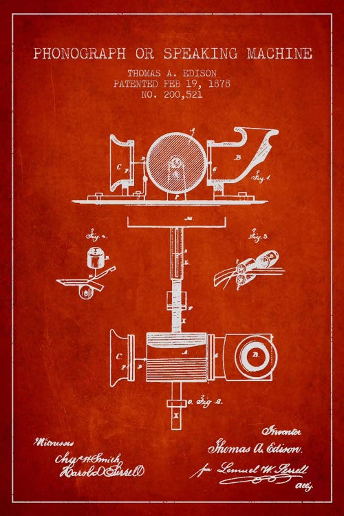 Record Player Red Patent Blueprint by Aged Pixel wall art