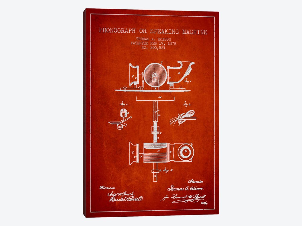 Record Player Red Patent Blueprint by Aged Pixel 1-piece Canvas Print
