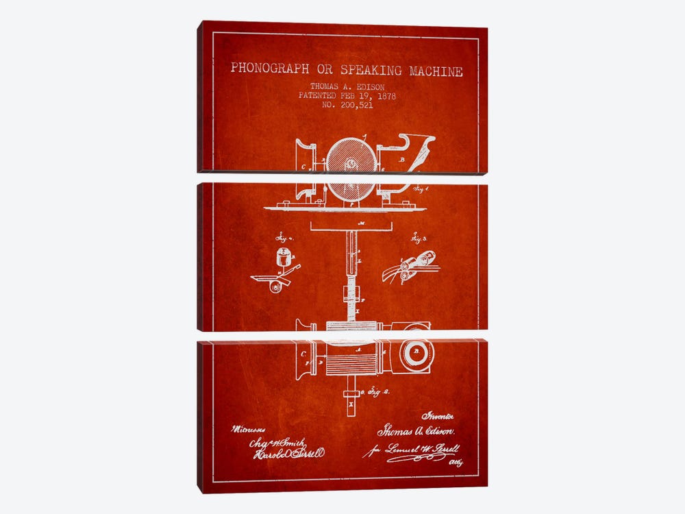 Record Player Red Patent Blueprint by Aged Pixel 3-piece Art Print