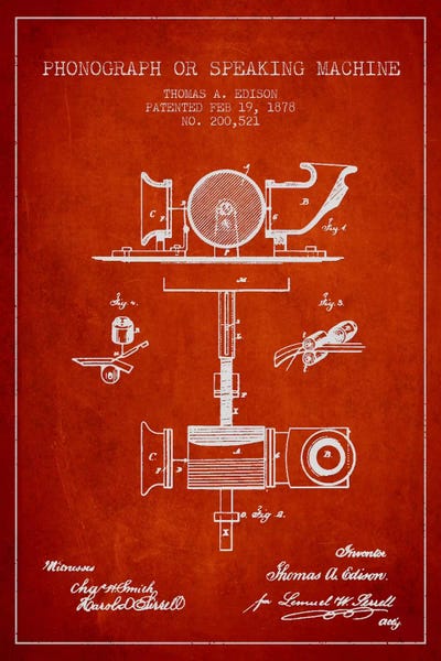 '70s Music: Record Player Red Patent Blueprint by Aged Pixel