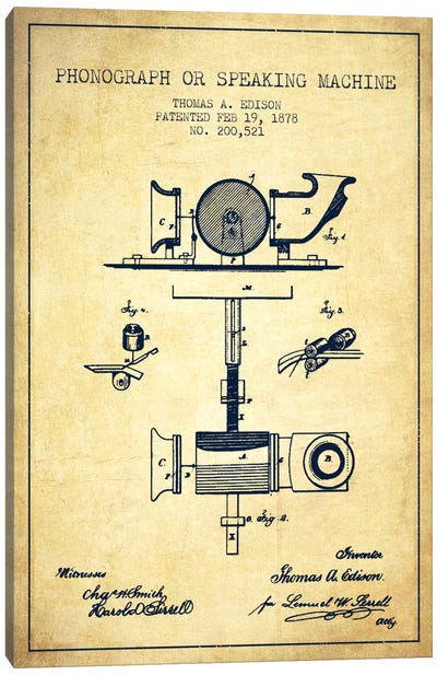 Record Player Vintage Patent Blueprint Canvas Art Print - Aged Pixel: Music