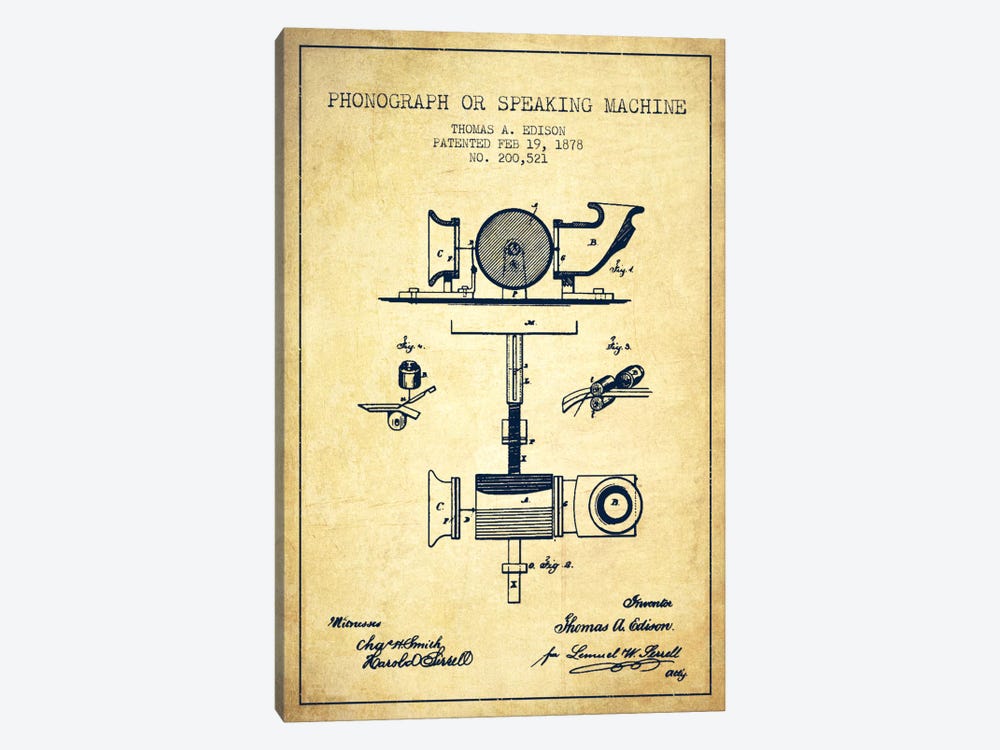Record Player Vintage Patent Blueprint by Aged Pixel 1-piece Canvas Artwork
