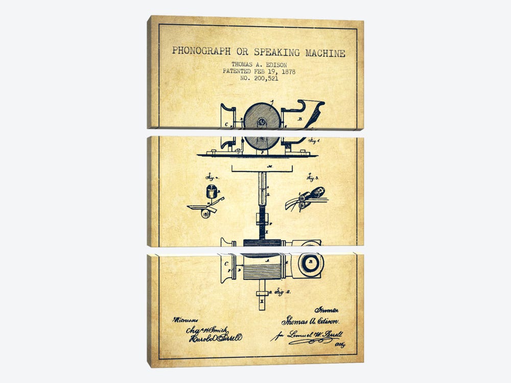 Record Player Vintage Patent Blueprint by Aged Pixel 3-piece Canvas Artwork