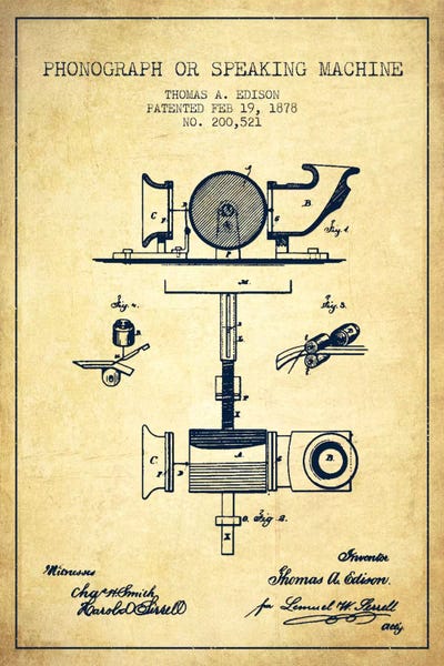 Music Blueprints: Record Player Vintage Patent Blueprint by Aged Pixel