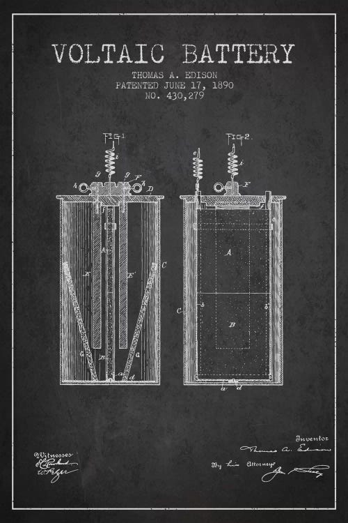 Voltaic Battery Charcoal Patent Blueprint by Aged Pixel wall art