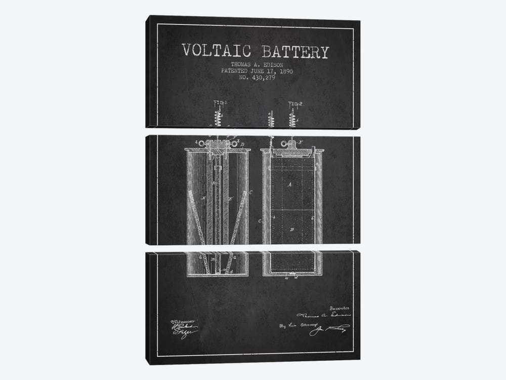 Voltaic Battery Charcoal Patent Blueprint by Aged Pixel 3-piece Canvas Print
