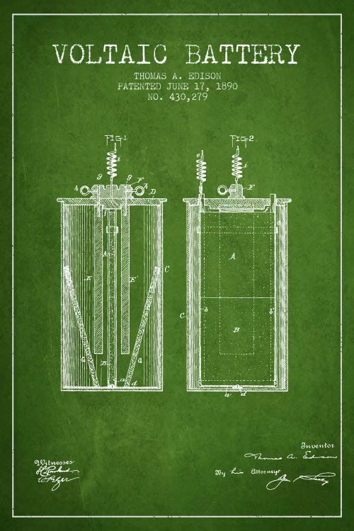 Voltaic Battery Green Patent Blueprint by Aged Pixel wall art