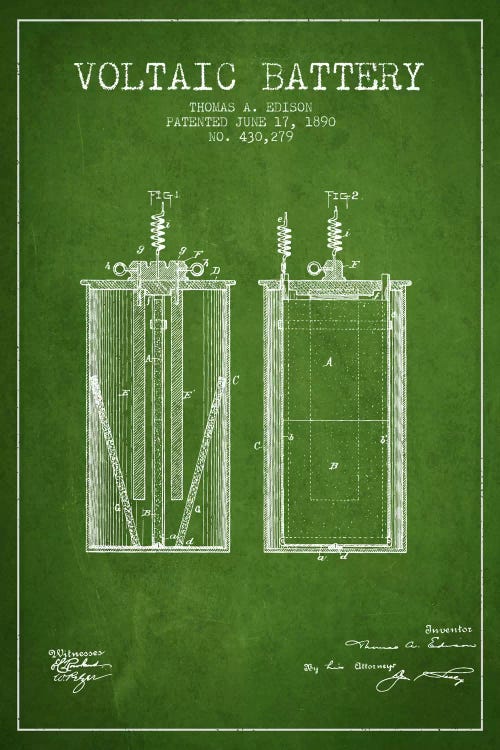 Voltaic Battery Green Patent Blueprint by Aged Pixel wall art