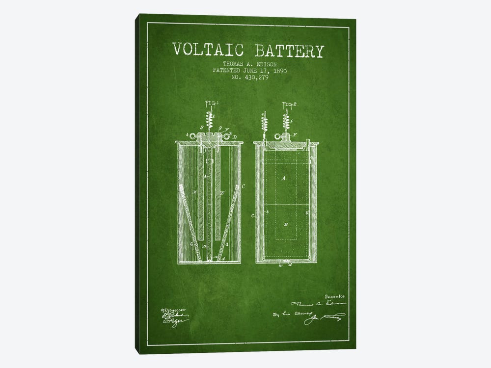 Voltaic Battery Green Patent Blueprint by Aged Pixel 1-piece Canvas Wall Art
