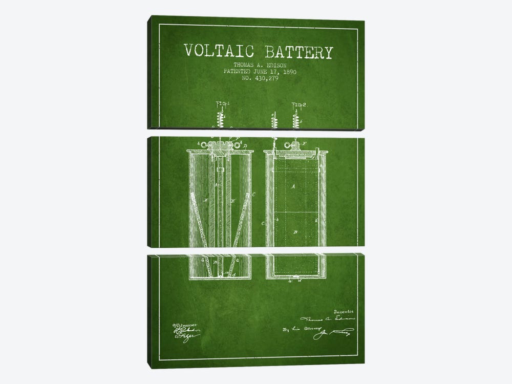 Voltaic Battery Green Patent Blueprint by Aged Pixel 3-piece Canvas Art