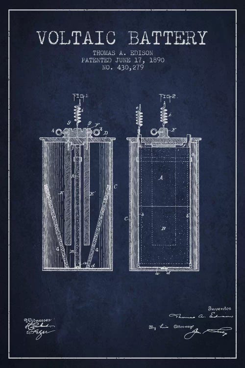 Voltaic Battery Navy Blue Patent Blueprint by Aged Pixel wall art