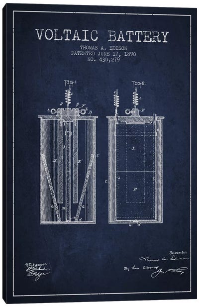 Voltaic Battery Navy Blue Patent Blueprint Canvas Art Print - Electronics & Communication Blueprints