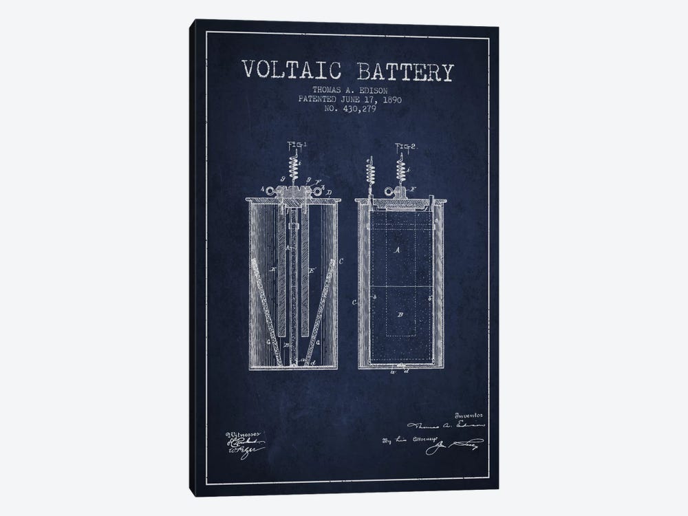 Voltaic Battery Navy Blue Patent Blueprint by Aged Pixel 1-piece Canvas Art Print