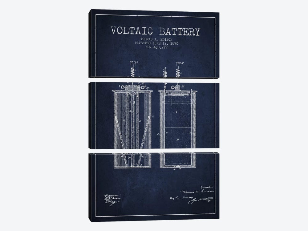 Voltaic Battery Navy Blue Patent Blueprint by Aged Pixel 3-piece Art Print
