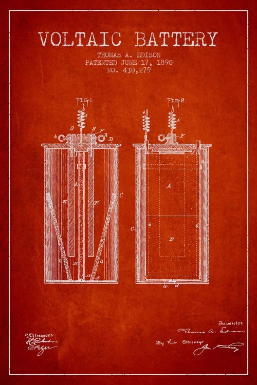 Voltaic Battery Red Patent Blueprint by Aged Pixel wall art