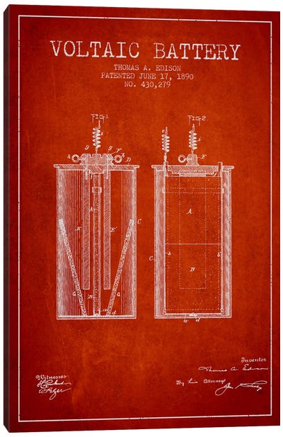 Voltaic Battery Red Patent Blueprint Canvas Art Print - Electronics & Communication Blueprints